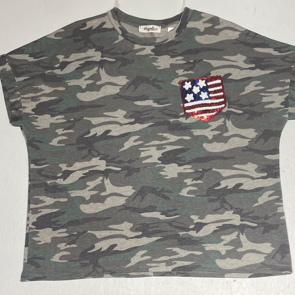 Haptics Camo Short Sleeve Tee with Sequined Flag Patch
